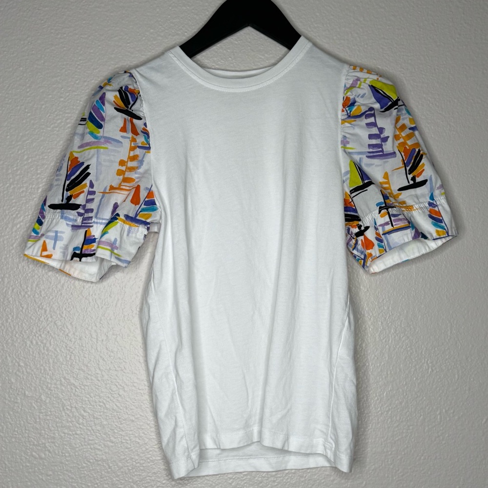 Tanya Taylor Puff Sleeve Mixed Media Tee, size XS